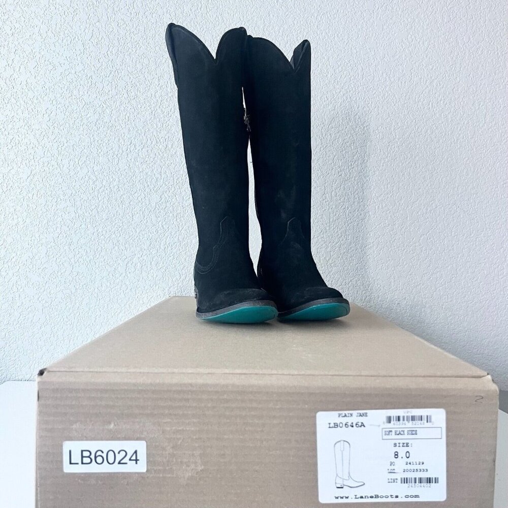 Lane PLAIN JANE Womens Cowboy Boots 8 Black Suede Western Style Cowgirl 16" Tall - Picture 13 of 14
